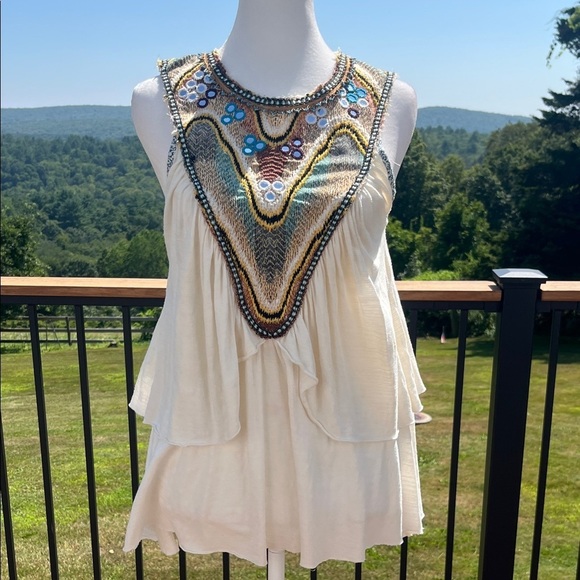 Free People Tops - VTG Free People Embellished Boho Tank Top Beaded Yoke Ivory Size S asymetrical